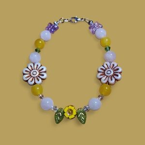 Handcrafted Floral Czech And Gemstone Beaded Bracelet